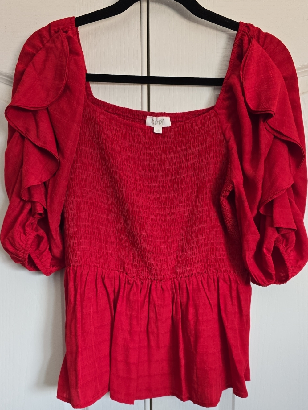 Red Smocked Peplum Top with Ruffle Sleeves